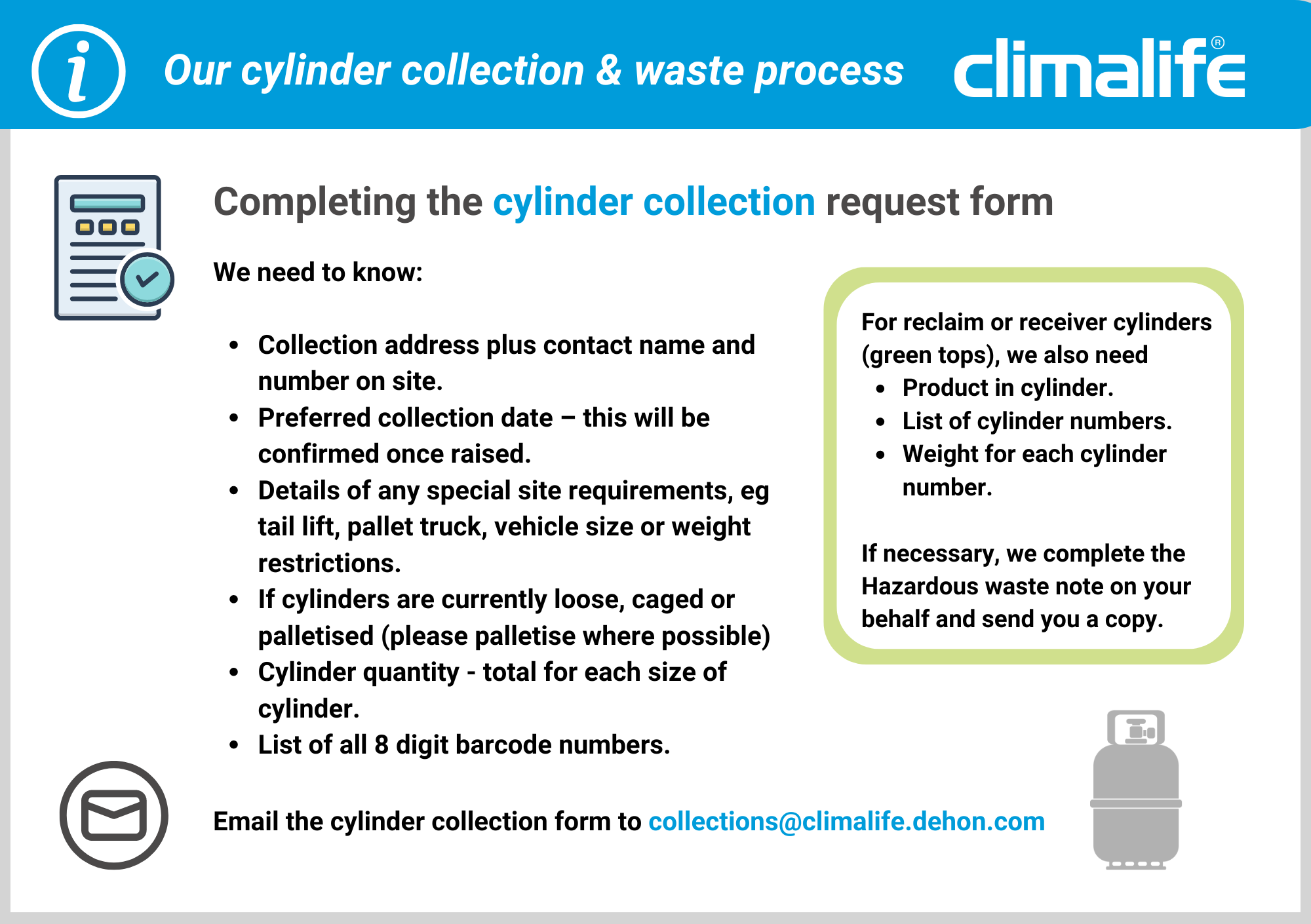 Climalife cylinder collection and waste procedure